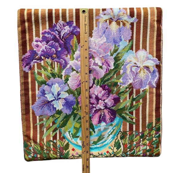 Handmade Cross Stitch Throw Pillow Cover Multicolor Iris Floral OOAK - Picture 2 of 5